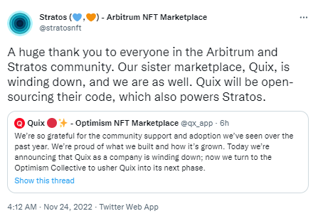 Arbitrum生态NFT市场Stratos将结束运营并将开源其代码